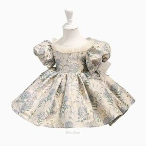 Brand New 2T Jacquard Formal Pearl Puff Sleeve Girl Photoshoot Pageant Dress